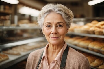 Portrait of senior woman baker in an apron nad beret in a bakery on bread background. Concept of employment of elderly people, small business, cafe, bakery.AI generated - obrazy, fototapety, plakaty