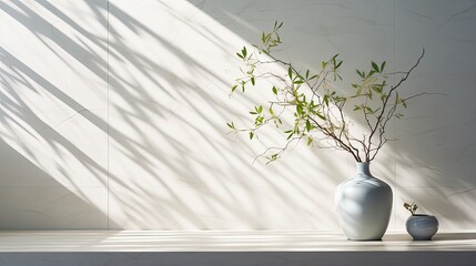 spring sunlight illuminating green tree branches, casting shadows on a white marble tile wall and wooden table, ample copy space for creative design elements.