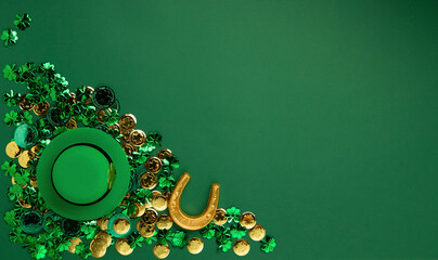 St. Patrick's Day Leprechaun Hat, Gold Coins, Shamrocks and Party Favors on Green Background. - obrazy, fototapety, plakaty