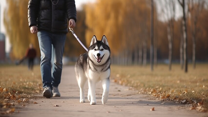 Naklejka na ściany i meble Happy Siberian Husky take a walk in the park with human