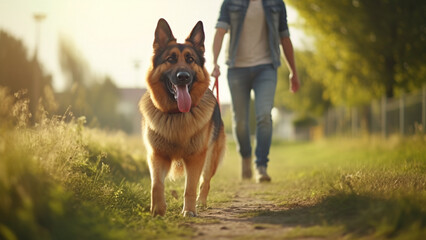 Happy Alsatian take a walk in the park with human