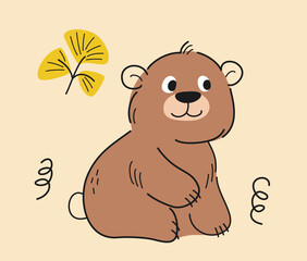 Cute hand drawn animal. Doodle sticker with adorable baby bear or grizzly bear. Mammal inhabitant of forest. Scandinavian style design. Cartoon flat vector illustration isolated on beige background