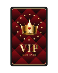 Luxury VIP club card with golden elements, srats, golden crown and red background