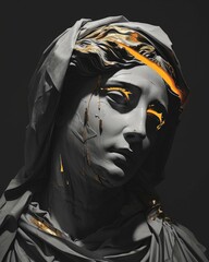 Mesmerizing depiction of a god statue with a gold halo divine glitch allure of glitch aesthetics, blending the sacred and modern in a unique and surreal artistic expression.
