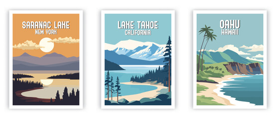 Saranac Lake, Lake Tahoe, Oahu Illustration Art. Travel Poster Wall Art. Minimalist Vector art