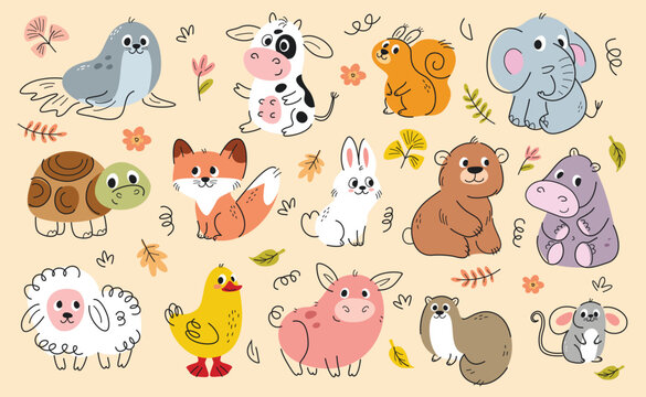 Set of cute hand drawn animals. Adorable friendly rabbit, bear, turtle, fox, squirrel, elephant, hippopotamus and cow. Wild baby beasts. Cartoon flat vector illustrations isolated on beige background