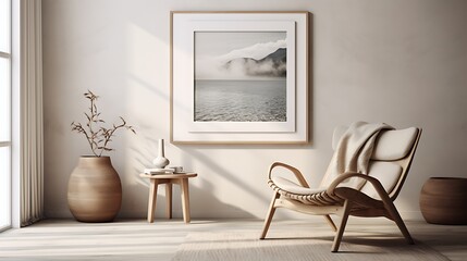 Scandinavian-style room with a knit chair and a framed art piece