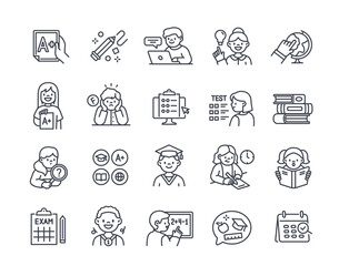 Set of Education Related line icons. Back to school signs. Happy schoolchildren reading books, preparing for exams and solving tests. Outline simple vector collection isolated on white background