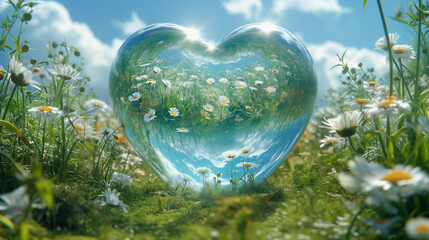 Spring's serenity: Daisy meadow crystal heart of dreams of spring.. - obrazy, fototapety, plakaty