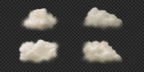 Set of white fluffy clouds. Realistic vector illustration. Soft clouds isolated on black transparent background