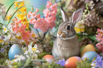 Fototapeta na wymiar The Easter bunny in a wonderland of vibrant flowers and eggs