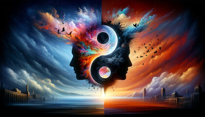 Artwork of surreal human profiles with cosmic and fiery elements forming a yin-yang against a dramatic sky above a serene landscape. Spiritual concept. AI generated. - obrazy, fototapety, plakaty