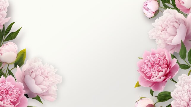 a banner featuring a delicate frame of pink peonies and green leaves on a white or pink background, a spring composition with ample copyspace, creating an inviting visual.