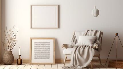 Single Mockup poster blank frame above a cozy reading nook with a knit throw