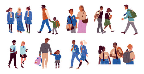 Set of people going to school or university. Parents with schoolchildren, teenage students and little pupils go to lessons in class. Cartoon flat vector illustrations isolated on white background © Rudzhan