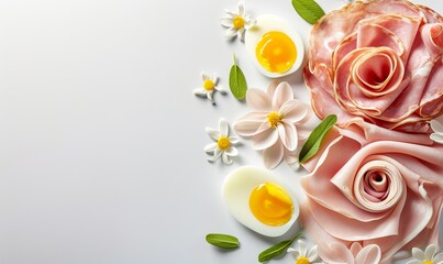 different ham slices and boiled egg slices in the flower head shape
