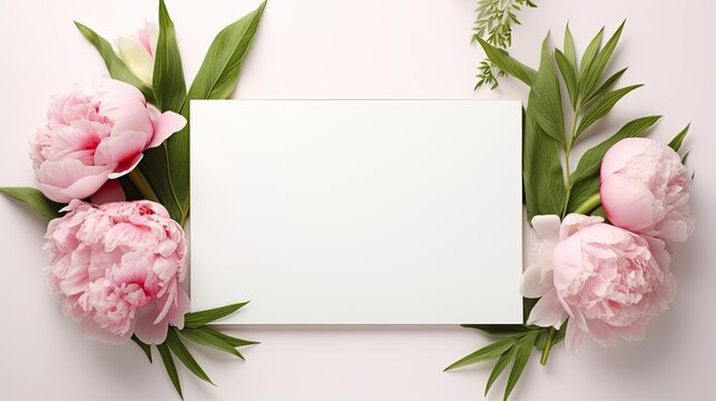 a banner featuring a delicate frame of pink peonies and green leaves on a white or pink background, a spring composition with ample copyspace, creating an inviting visual.