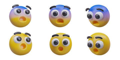 Collection with emojis in different positions. Emoticon with yellow and blue face with reaction of scared, shock, and wonder. Vector illustration in 3d style with white background