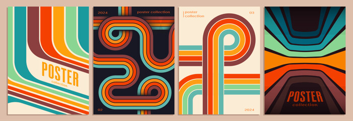 Set of retrofuturism posters design. Vintage flyer with abstract acid neon lines and lettering in 70s style. Trendy groovy covers. Cartoon flat vector collection isolated on beige background