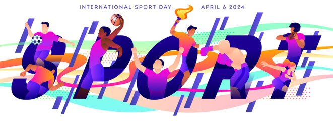 International Sports Day. Banner or background with athletes from different sports. Competition and championship. Design element for greeting card or certificate. Cartoon flat vector illustration - Powered by Adobe