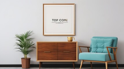 Statement Mockup poster blank frame above a retro chest of drawers in a cozy lounge