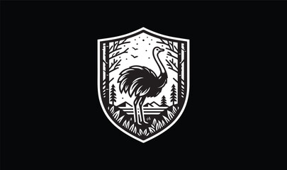 shield with wings, ostrich, trees mountain, leaf on black background