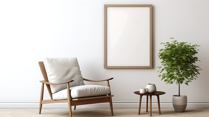 Statement Mockup poster blank frame complementing a Scandinavian-style accent chair