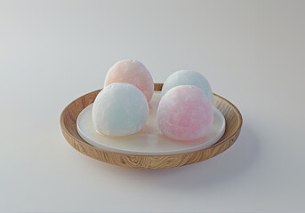 Delicious mochi on a plate, cotton candy color, isolated on a white background