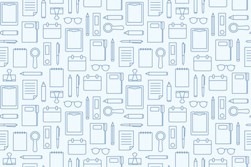 seamless pattern with office stationery, notepad, eyeglasses, magnifier andother office related icons- vector illustration - obrazy, fototapety, plakaty
