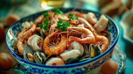 Bowl of Fresh Seafood Including Shrimp