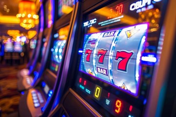Captivating colors and flashing lights draw in eager players to test their luck at the mesmerizing slot machine in the bustling casino arcade