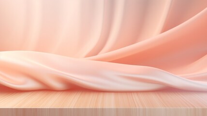 Obraz premium Wooden stage with satin pink drapes in backdrop, Premium showcase mockup template for Beauty, Cosmetic, Luxury products, with copy space for text