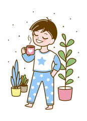 Cute cartoon young boy dressed in pajamas with cup of coffee - vector illustration for cozy design