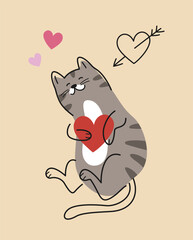 Cute cat for Valentines Day. Happy fluffy kitten holds big red heart in his paws and expresses love. Romantic card for February 14. Cartoon flat vector illustration isolated on beige background
