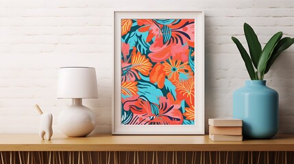 Vibrant Mockup poster blank frame on a wall with vibrant, patterned wallpaper