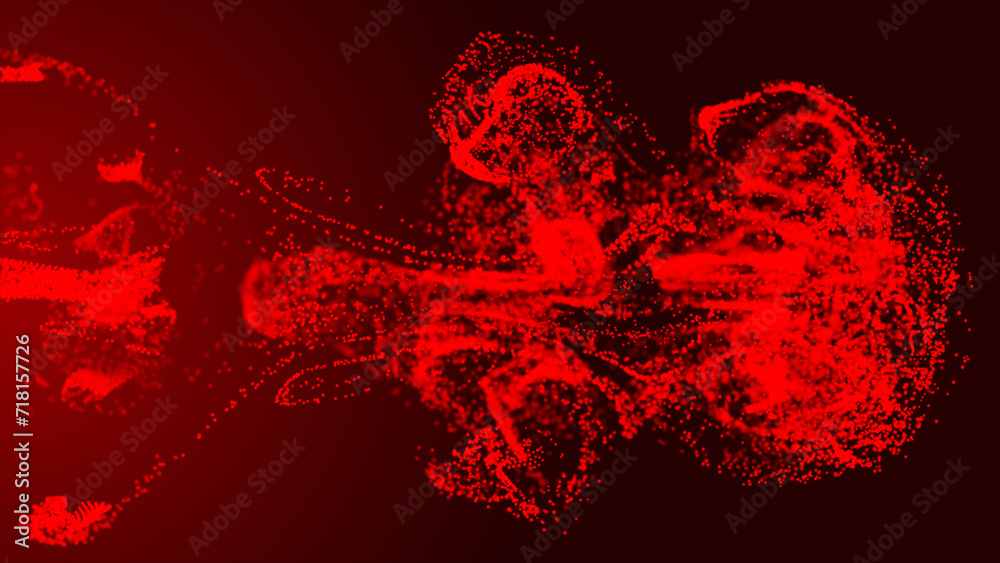 Poster red fluid particle dots are flowing. glow fluid particles flowing with a dark background; abstract b