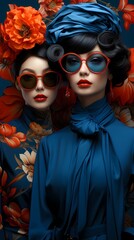 Fashion-forward beauties framed by a dynamic sapphire blue background, exuding confidence