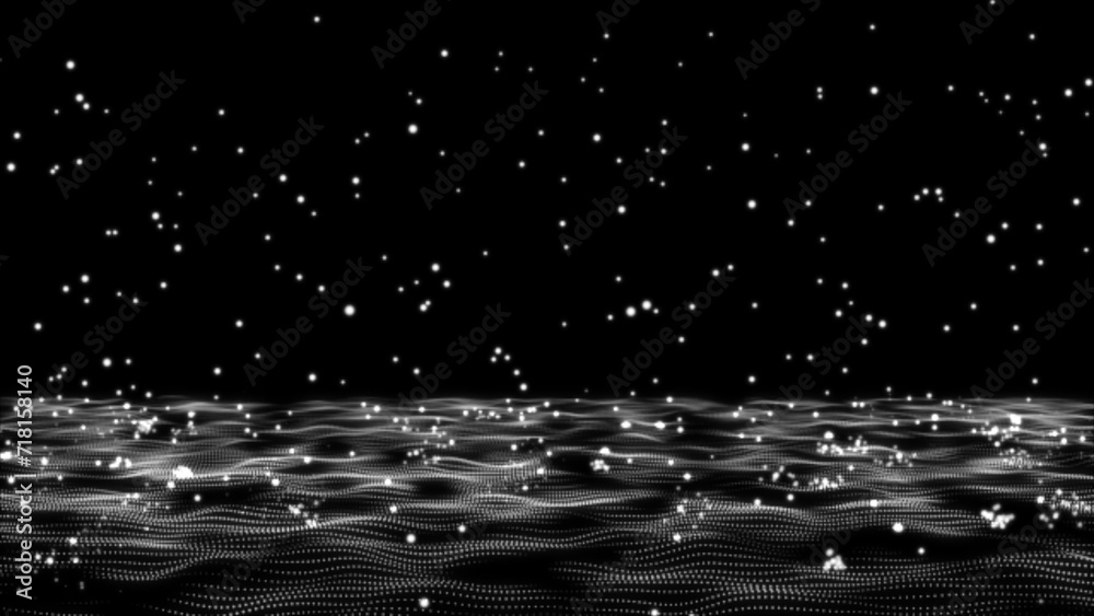 Poster abstract hi-tech bouncing white particles background. white sphere particles are falling, bouncing, 