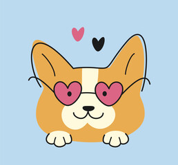 Cute dog for Valentines Day. Adorable face of little corgi puppy wearing stylish heart shaped glasses. Romance, love and tenderness. Cartoon flat vector illustration isolated on blue background