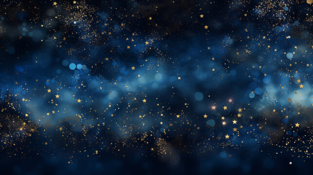 Particules scintillantes et brillantes volant sur fond sombre, bleu nuit. Lumi&egrave;re orang&eacute;e, paillettes dor&eacute;es et flou. Fond pour banni&egrave;re, conception et cr&eacute;ation graphique.	