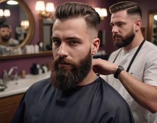 Fototapeta premium handsome bearded male in a hairdresser salon, Men's beard and hairstyle at a hairdressing shop