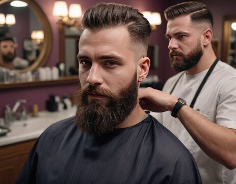 handsome bearded male in a hairdresser salon, Men's beard and hairstyle at a hairdressing shop