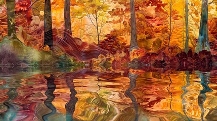 A vibrant autumn forest scene, with silk waves in rich reds, oranges, and golds, reflecting the fall foliage.