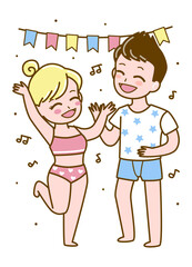 Cute cartoon young couple dressed in underwear dancing together - vector illustration for cozy design