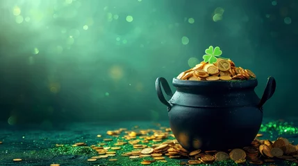 Fotobehang Black pot full of gold coins and shamrock leaves for st. patrick's day. Generative AI © Unionproject