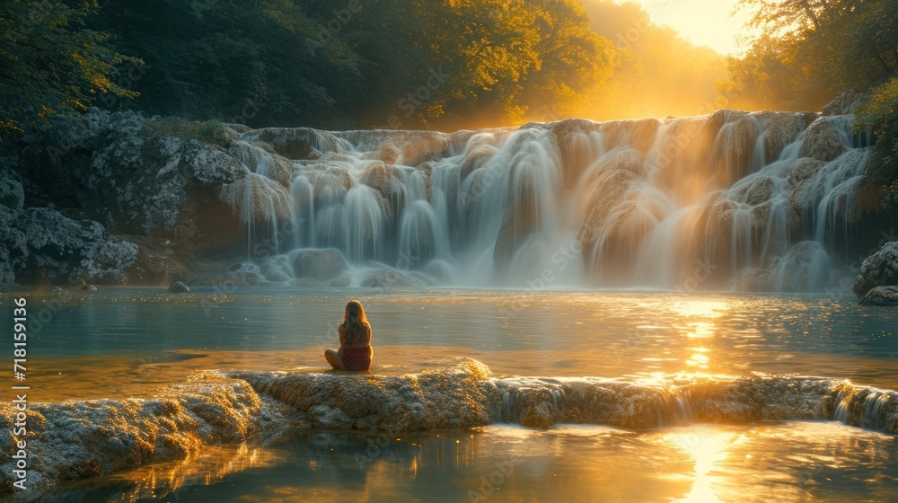 Sticker  a woman is sitting on a rock in front of a waterfall with a waterfall in the background and the sun shining down on the water cascading the waterfall.