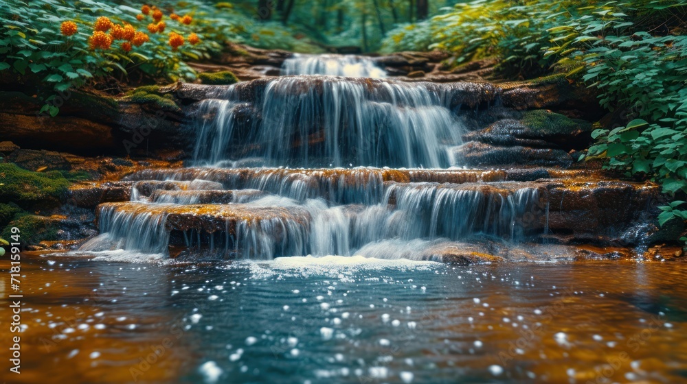 Wall mural  a small waterfall in the middle of a forest filled with lots of green plants and orange flowers on the other side of the waterfall is a small pool of water.