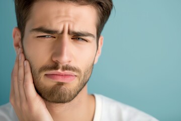 Obraz premium Man suffering from toothache presses his cheek shows pain and discomfort on blue background close up