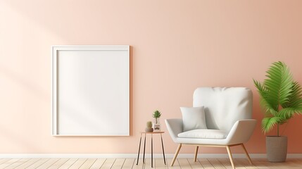 White Mockup poster blank frame on a pastel-colored wall with minimalistic furniture