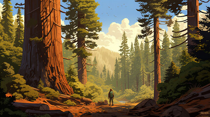 Sequoia illustration in a forest - obrazy, fototapety, plakaty